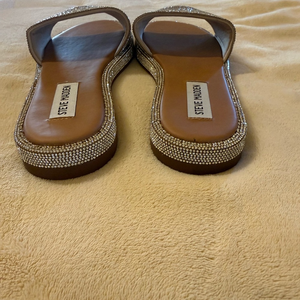 Steve Madden Achieve Rhinestone Glittering Silver Slide Sandals - Picture 3 of 10